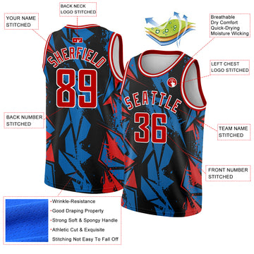 Custom Black Red-Blue 3D Pattern Design Geometric Shapes Authentic Basketball Jersey