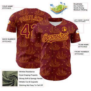 Custom Crimson Gold 3D Pattern Design Ship Frigate With Seagulls Authentic Baseball Jersey