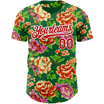 Custom Kelly Green Red-White 3D Pattern Design Northeast China Big Flower Authentic Baseball Jersey