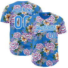 Load image into Gallery viewer, Custom Electric Blue White 3D Pattern Design Northeast China Big Flower Authentic Baseball Jersey
