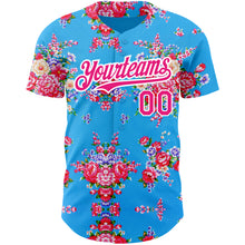 Load image into Gallery viewer, Custom Electric Blue Hot Pink-White 3D Pattern Design Northeast China Big Flower Authentic Baseball Jersey
