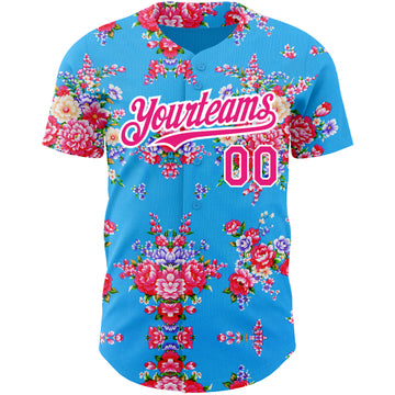 Custom Electric Blue Hot Pink-White 3D Pattern Design Northeast China Big Flower Authentic Baseball Jersey