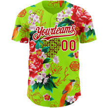 Load image into Gallery viewer, Custom Neon Green Red-White 3D Pattern Design Northeast China Big Flower Authentic Baseball Jersey
