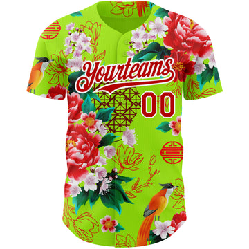 Custom Neon Green Red-White 3D Pattern Design Northeast China Big Flower Authentic Baseball Jersey