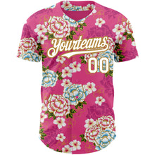 Load image into Gallery viewer, Custom Hot Pink White-Old Gold 3D Pattern Design Northeast China Big Flower Authentic Baseball Jersey
