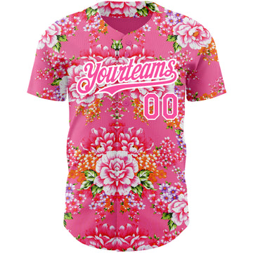 Custom Neon Pink Pink-White 3D Pattern Design Northeast China Big Flower Authentic Baseball Jersey