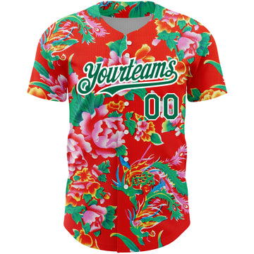 Custom Red Kelly Green-White 3D Pattern Design Northeast China Big Flower Authentic Baseball Jersey