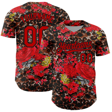 Custom Black Red 3D Pattern Design Northeast China Big Flower And Leopard Print Authentic Baseball Jersey
