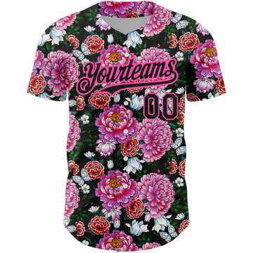 Custom Pink Black 3D Pattern Design Northeast China Big Flower Authentic Baseball Jersey