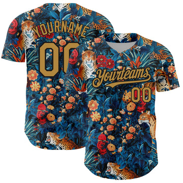 Custom Royal Old Gold-Black 3D Pattern Design Northeast China Big Flower And Leopard Authentic Baseball Jersey