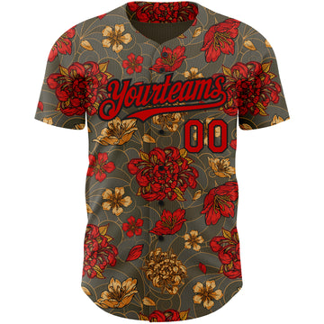 Custom Olive Red-Black 3D Pattern Design Northeast China Big Flower Authentic Baseball Jersey