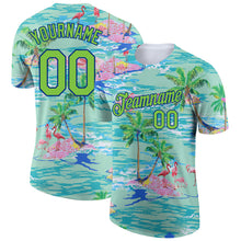 Load image into Gallery viewer, Custom Lakes Blue Neon Green-Navy 3D Pattern Design Beach Hawaii Palm Trees And Flamingo Performance T-Shirt
