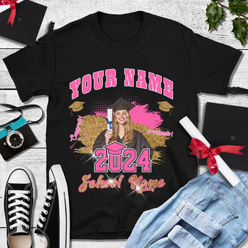 Custom Black Pink-White 3D Graduation Performance T-Shirt