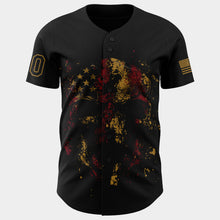 Load image into Gallery viewer, Custom Black Old Gold 3D American Flag Skull Patriotic Authentic Baseball Jersey

