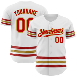 Custom White Red-Old Gold Line Authentic Baseball Jersey