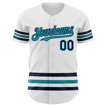 Custom White Navy-Teal Line Authentic Baseball Jersey