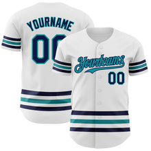 Load image into Gallery viewer, Custom White Navy-Teal Line Authentic Baseball Jersey
