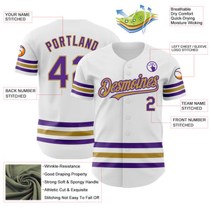 Custom White Purple-Old Gold Line Authentic Baseball Jersey