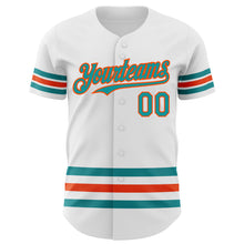 Load image into Gallery viewer, Custom White Teal-Orange Line Authentic Baseball Jersey
