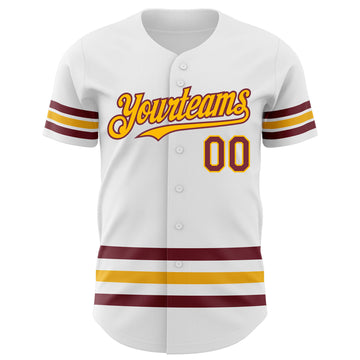 Custom White Burgundy-Gold Stripes Authentic Baseball Jersey