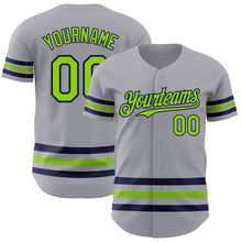 Load image into Gallery viewer, Custom Gray Neon Green-Navy Line Authentic Baseball Jersey
