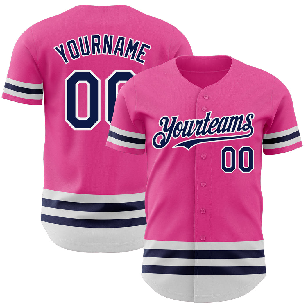 Custom Pink Navy-White Line Authentic Baseball Jersey