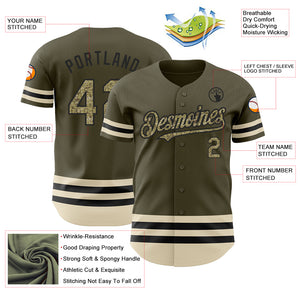Custom Olive Camo Black-Cream Line Authentic Salute To Service Baseball Jersey