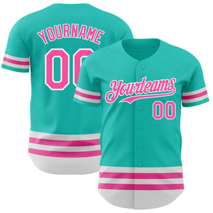 Custom Aqua Pink-White Line Authentic Baseball Jersey