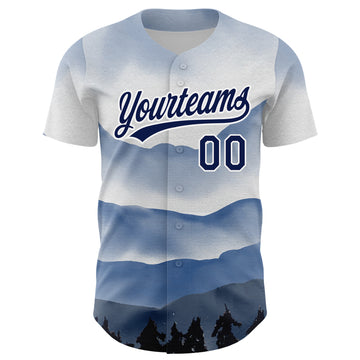 Custom White Navy 3D Pattern Design Watercolor Mountains Authentic Baseball Jersey