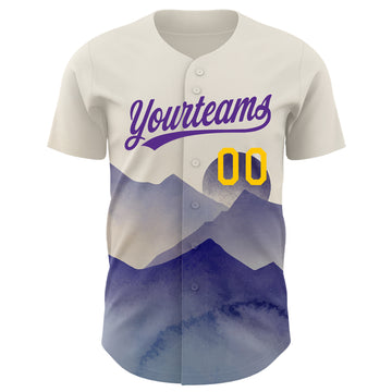 Custom Cream Yellow-Purple 3D Pattern Design Watercolor Mountains Authentic Baseball Jersey