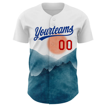 Custom White Red-Royal 3D Pattern Design Watercolor Mountains Authentic Baseball Jersey