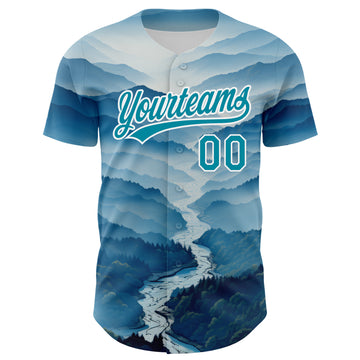 Custom White Teal 3D Pattern Design Mountains Authentic Baseball Jersey