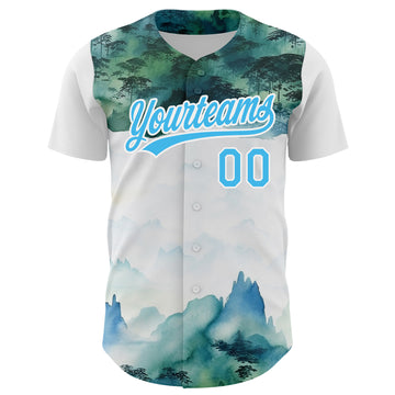 Custom White Sky Blue 3D Pattern Design Mountains Landscape Authentic Baseball Jersey