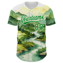 Load image into Gallery viewer, Custom White Grass Green 3D Pattern Design Mountains Landscape Authentic Baseball Jersey
