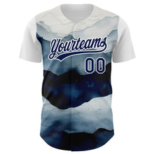 Load image into Gallery viewer, Custom White Navy 3D Pattern Design Watercolor Mountains Authentic Baseball Jersey
