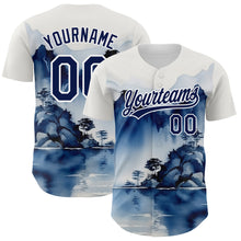 Load image into Gallery viewer, Custom White Navy 3D Pattern Design Abstract Watercolor Mountains Authentic Baseball Jersey
