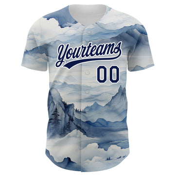 Custom White Navy 3D Pattern Design Mountains Landscape Authentic Baseball Jersey