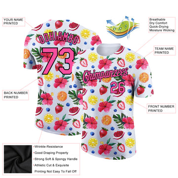 Custom White Pink-Black 3D Pattern Design Summer Holiday Fruit And Flower Performance T-Shirt