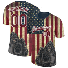Load image into Gallery viewer, Custom Navy Crimson-White 3D Skull And American Flag Performance T-Shirt
