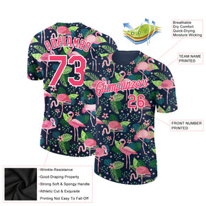 Custom Navy Neon Pink-White 3D Pattern Design Tropical Hawaii Flamingo Performance T-Shirt