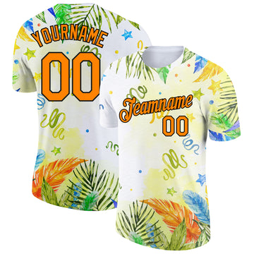 Custom White Bay Orange-Black 3D Pattern Design Hawaii Palm Leaves Performance T-Shirt