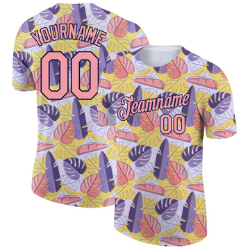 Custom White Medium Pink-Navy 3D Pattern Design Hawaii Palm Leaves Performance T-Shirt