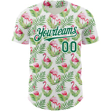 Load image into Gallery viewer, Custom White Kelly Green 3D Pattern Design Tropical Hawaii Palm Leaves And Flamingo Authentic Baseball Jersey

