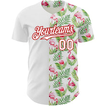 Load image into Gallery viewer, Custom White Red 3D Pattern Design Tropical Hawaii Palm Leaves And Flamingo Authentic Baseball Jersey
