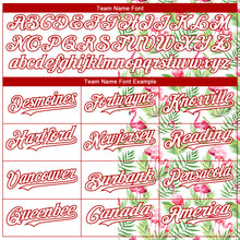 Load image into Gallery viewer, Custom White Red 3D Pattern Design Tropical Hawaii Palm Leaves And Flamingo Authentic Baseball Jersey
