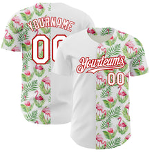 Load image into Gallery viewer, Custom White Red 3D Pattern Design Tropical Hawaii Palm Leaves And Flamingo Authentic Baseball Jersey
