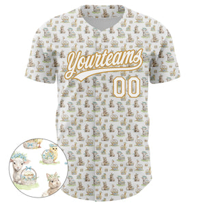 Custom White Old Gold 3D Pattern Design Animal Rabbit Sheep Chicken And Duck Authentic Baseball Jersey
