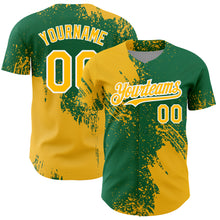 Load image into Gallery viewer, Custom Gold Kelly Green-White 3D Pattern Design Abstract Brush Stroke Authentic Baseball Jersey
