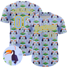 Load image into Gallery viewer, Custom Light Blue Yellow 3D Pattern Design Animal Toucan And Tropical Hawaii Palm Leaves Authentic Baseball Jersey
