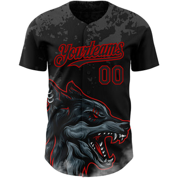 Custom Black Red 3D Pattern Design Animal Wolf Authentic Baseball Jersey